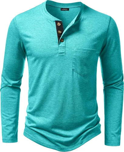 Vista 11 de LucMatton - Camiseta Henley para hombre, ligera, casual, elástica, ajuste entallado, manga larga, con bolsillo Verde militar