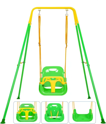 Vista 9 de Juego de columpios 3 en 1 para niños pequeños, juego de columpios para bebés con soporte plegable de metal para jugar al aire libre/interior, diseño