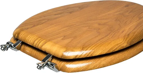 Vista 4 de 5Q1E4-17CH - Asiento de inodoro de madera natural con acabado decorativo, bisagra de poste único de madera y metal, alargado, roble claro con cromo