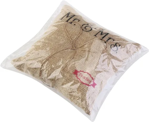 Vista 7 de TINKSKY Mr Mrs - Almohada de anillo de boda de arpillera y yute con lazo