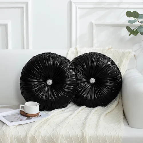 Vista 13 de HIG - Juego de 2 almohadas decorativas plisadas redondas de terciopelo verde manzana