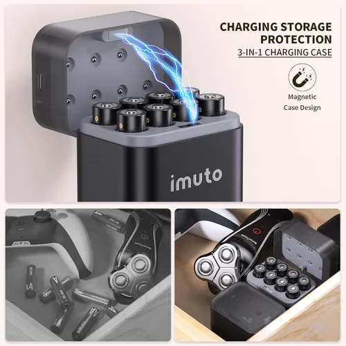 Vista 6 de imuto Cargador de batería AA recargable, cargador inteligente AA compatible con batería recargable de litio y NiMH, carga independiente de 8