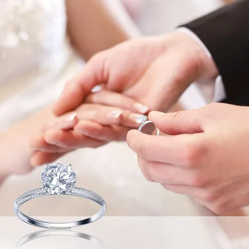 Vista 4 de ATESSON Anillo de compromiso de boda de plata de ley S925 con puntas redondas de 1.2 quilates, diamante de imitación, anillo de compromiso ajustable