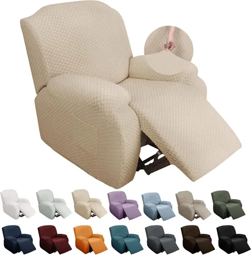 Vista 27 de YEMYHOM Funda elástica de 4 piezas para silla reclinable de jacquard con bolsillo lateral, antideslizante, ajustable, protector de muebles con parte