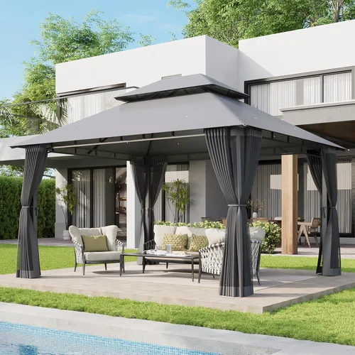 Vista 17 de Aoxun Gazebo de 8 x 8 con doble techo y mosquitera, tienda de campaña para exteriores de alta resistencia, tienda de campaña para patio