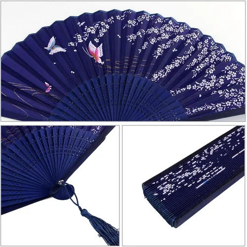 Vista 3 de Bantoye 2 ventiladores de mano, abanicos plegables de seda con marcos de bambú para bailar, cosplay, boda, fiesta, decoración, blanco y azul