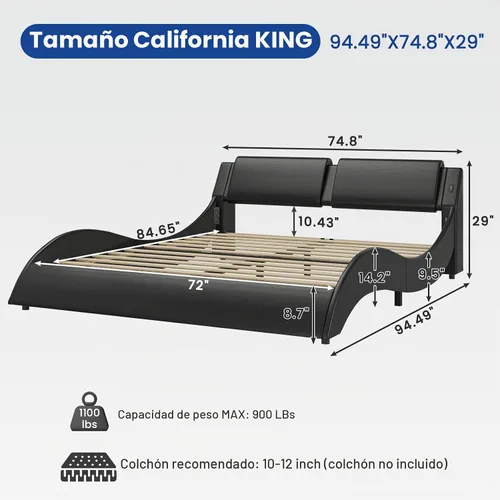 Vista 2 de DICTAC Base de cama California King con cabecero y luces LED, moderna base de cama LED Cali King con puertos USB y tipo C, de piel sintética