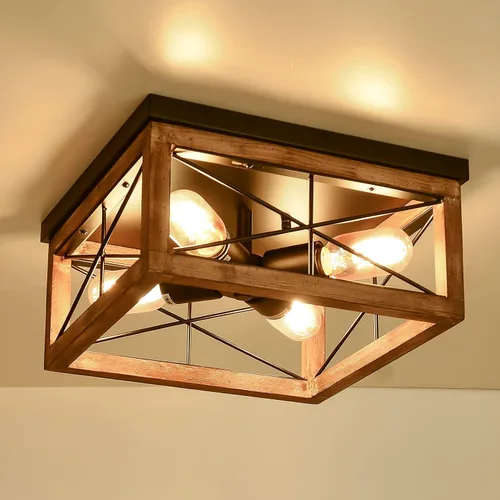 Vista 10 de eyassi Lámpara de techo de madera de montaje empotrado, 4 luces rústicas de granja, lámpara de techo cuadrada industrial con enchufe E26