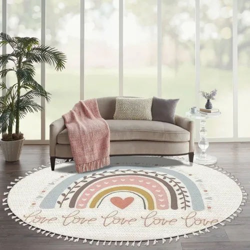 Vista 12 de Alfombra redonda bohemia para niños, dibujada a mano sin costuras con arco iris rosa pastel, alfombra de verano para bebé, alfombra de lino, Multi3