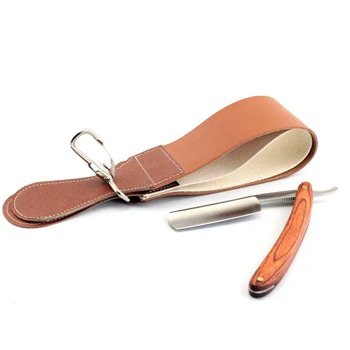 Vista 4 de Grandslam Pro - Maquinilla de afeitar recta de acero inoxidable 420 con mango de madera natural con refuerzo de cuero de primera calidad, kit