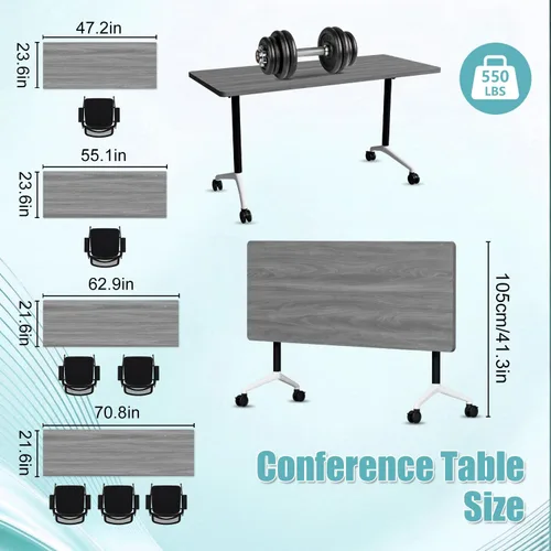 Vista 2 de Paquete de 6 mesas de conferencias plegables, mesa de entrenamiento móvil Gris 1