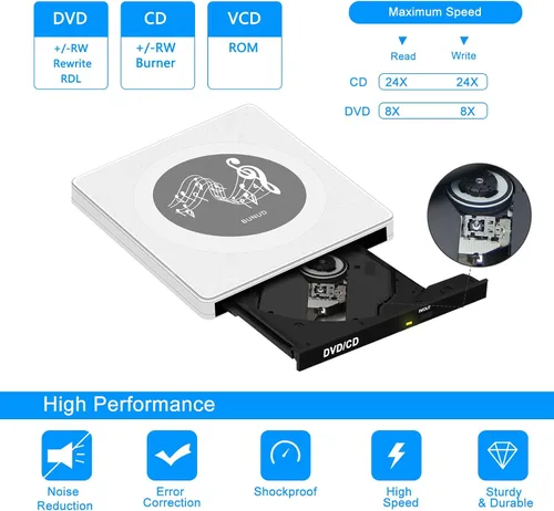 Vista 5 de BUNUD Unidad externa de CD y DVD: USB C y USB 3.0 Grabador de CD Reproductor de DVD para PC portátil Windows 11 Mac Linux - Escritor lector