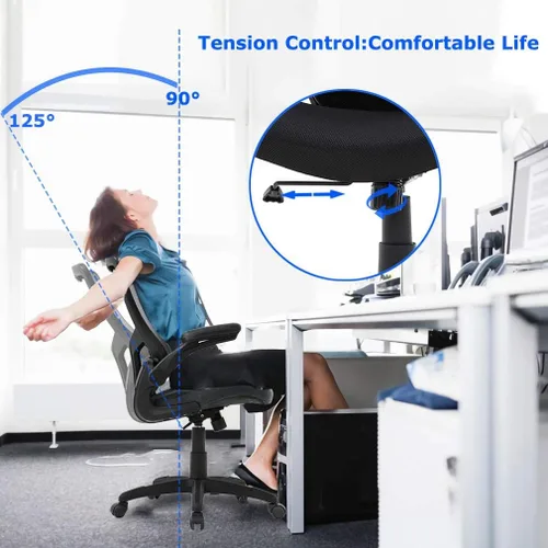 Vista 5 de Silla de oficina ergonómica silla de escritorio de malla para computadora con soporte lumbar brazos abatibles giratorios ajustables a media espalda