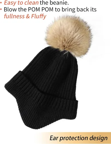 Vista 2 de Gorros de invierno para mujer Gorros de invierno para mujer con pompón de piel sintética, gorro de punto cálido, gorro grueso