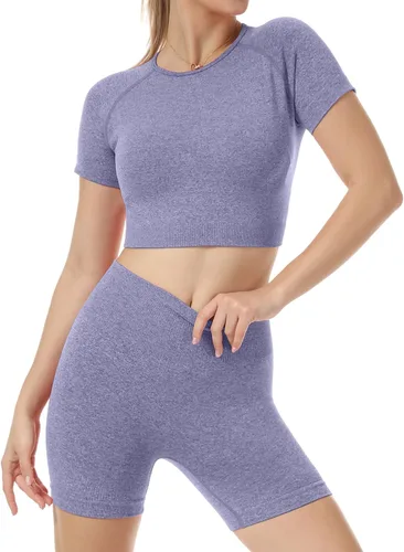 Vista 3 de Conjuntos de yoga para mujer, conjunto de 2 piezas, sin costuras, manga corta, camiseta corta, leggings de entrenamiento, ropa deportiva