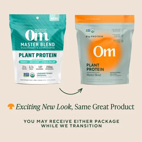 Vista 2 de OM MUSHROOM SUPERFOOD Master Blend Proteína vegana – Proteína vegetal sin sabor con 10 hongos, Ashwagandha, BCAA y B12 – Energía, recuperación