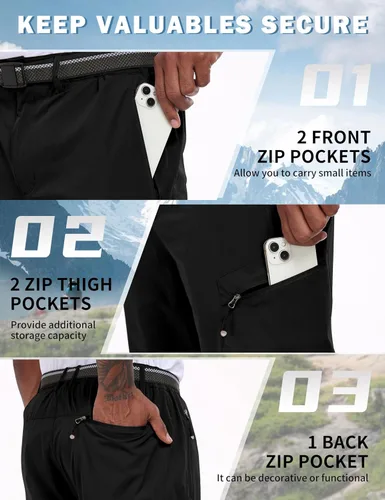 Vista 5 de NOUKOW Pantalones de senderismo para hombre, de secado rápido, ligeros, impermeables, elásticos, 6 bolsillos con cremallera y cinturón