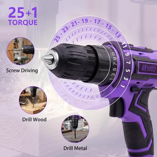 Vista 2 de Purple 20V Cordless Drill Electric Drill set, Electric Screwdriver with 2 Batteries & Charger, 3/8" Keyless Chuck, 25+1 Torque 2-Speed Hammer Drill