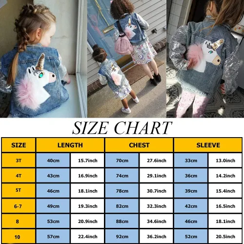 Vista 3 de WELAKEN Chaqueta de mezclilla de unicornio para niñas y niños pequeños con manga brillante, traje de primavera para niñas, chaquetas de mezclilla