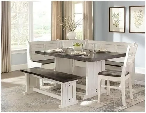 Vista 2 de Pemberly Row - Juego de rincón de desayuno de 4 piezas de madera estilo granja con almacenamiento oculto, asientos reversibles, ideal para espacios