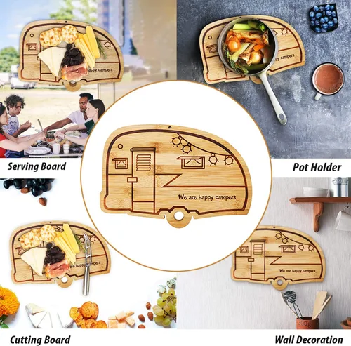 Vista 7 de Tabla grande de corte de bambú Happy Camper, cubierta de estufa de madera para RV, tabla de cortar carne para barbacoa, tabla de cortar para pavo
