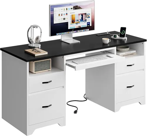 Vista 9 de Bestier Escritorio Ejecutivo de 77.8" de Alto con Estante Superior, Escritorio Moderno de Madera para Computadora con Cajones, Estación de Carga