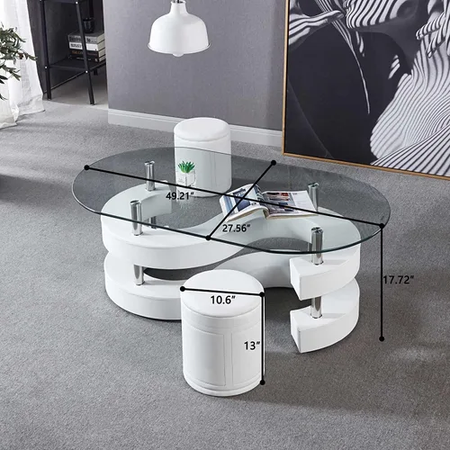 Vista 8 de Juego de mesa auxiliar contemporánea, mesa de centro ovalada de vidrio con base en forma de S y 2 taburetes de piel sintética, mesa de centro