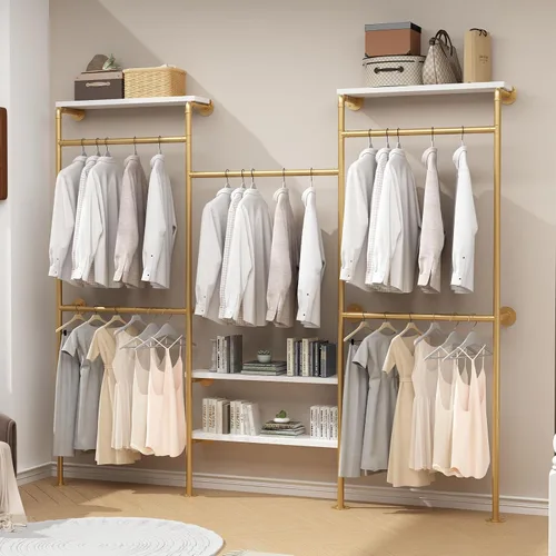 Vista 11 de HOMEKAYT Perchero Industrial de Tubería para Ropa, Perchero de Pared con Estantes, Estante Colgante de Ropa Multiusos de Servicio Pesado - 70.8''L