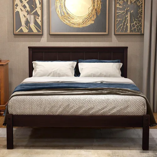 Vista 3 de Marco de cama de tamaño individual con cabecero, marco de cama de plataforma de madera, estilo rústico moderno, resistente, soporte de listones