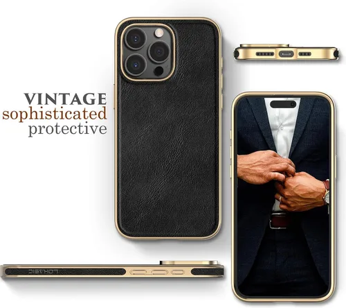 Vista 2 de LOHASIC Funda de piel sintética para iPhone 15 Pro, elegante funda de teléfono vintage de lujo para hombres y mujeres, agarre antideslizante, Negro