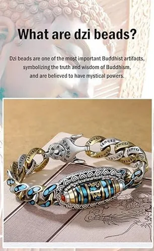 Vista 8 de UBALDI Turquesa Seis caracteres Mantra Nueve Ojos Dzi Bead Bracelet, Pulsera de cuentas de mantra de seis caracteres, Transferencia