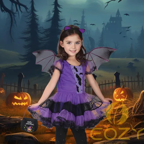 Vista 6 de Disfraz de vampiro de murciélago para niñas, ropa de Halloween para cosplay, vestido morado
