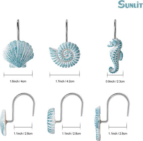 Vista 3 de Sunlit - 12 piezas de ganchos para cortina de ducha azul agua resina, diseño costero de criaturas oceánicas, decoración náutica para baño