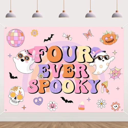 Vista 8 de Groovy - Decoración de fiesta de cumpleaños de Halloween, 7 x 5 pies, pancarta de fondo de feliz día de abucheo para niña, decoración bohemia arco