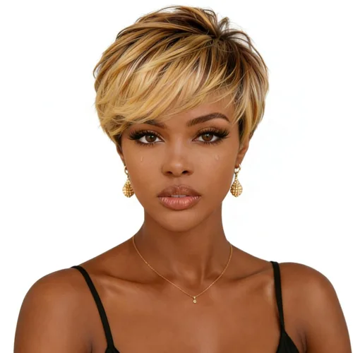 Vista 20 de Peluca de cabello humano con corte Pixie para mujeres negras, 100% cabello humano real, peluca corta y recta sin pegamento con flequillo, hecha a