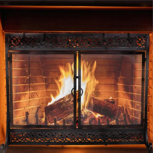 Vista 2 de Pantalla de chimenea de metal de 39 x 31 pulgadas, protector de chispas de dos puertas, diseño decorativo de desplazamiento adecuado para estufa