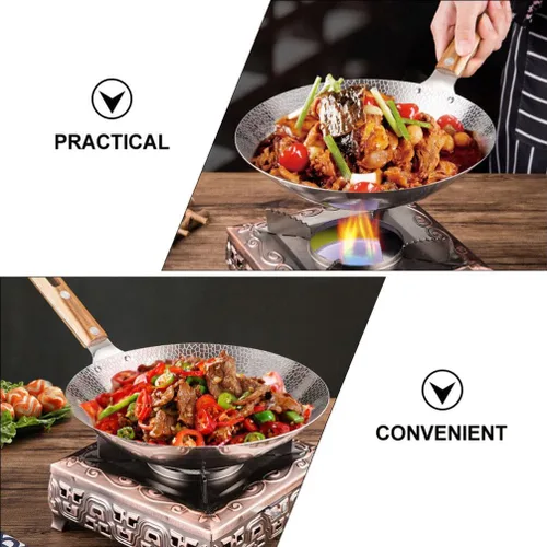 Vista 8 de Luxshiny Wok de acero inoxidable de 13.38 pulgadas con mango de madera, sartén de cocina para el hogar para freír vapor y olla caliente utensilios