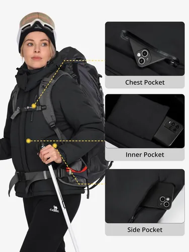 Vista 5 de CAMEL CROWN Chaquetas de esquí de invierno cálidas para mujer, abrigo de nieve impermeable con capucha, chaqueta de lluvia resistente al viento
