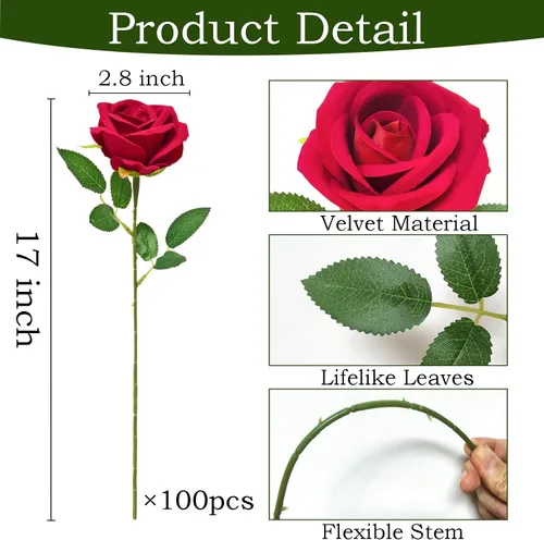 Vista 10 de 100 rosas artificiales rojas a granel, ramo de rosas artificiales de seda de terciopelo con tallos para decoración de bodas, flores falsas