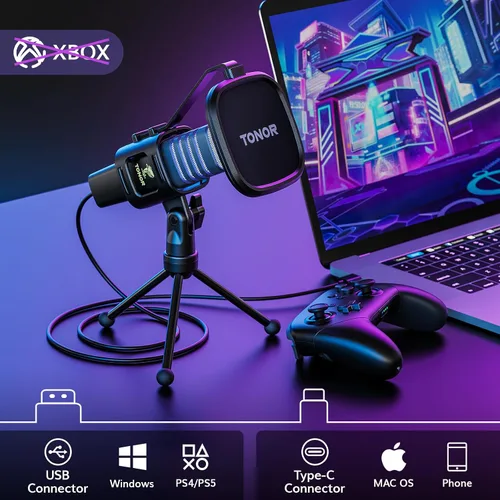 Vista 2 de TONOR Micrófono USB RGB, micrófono de condensador cardioide para computadora PC con soporte para trípode, filtro pop, soporte antivibración