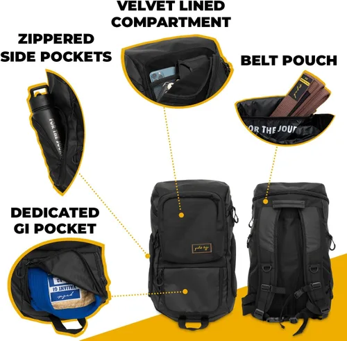 Vista 3 de Mochila dorada BJJ para Jiu Jitsu – Bolsa de deporte muy resistente con bolsillo impermeable de tejido de GI