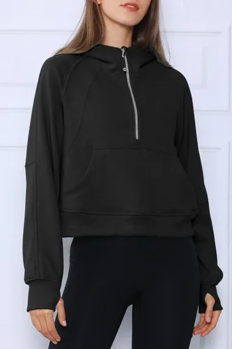 Vista 4 de Trendy Queen Sudadera corta con capucha de media cremallera para mujer, sudadera con cremallera de un cuarto, ropa de invierno 2022