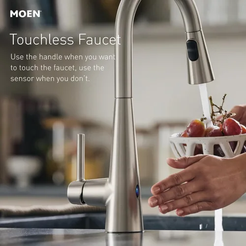 Vista 2 de Moen Belfield Grifo de cocina con sensor de onda Motionsense, sensor sin contacto, un solo mango extraíble con limpieza eléctrica, cromado, 7260EWC