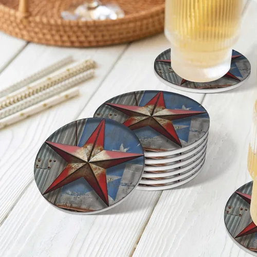 Vista 7 de American Wastern Texas - Juego de 6 posavasos con estampado de estrellas para bebidas, con base de corcho, posavasos de cerámica absorbente