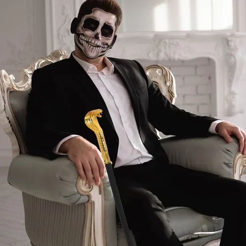 Vista 6 de Bastón de cosplay con cabeza de serpiente para Halloween, bastón para disfraces, suministros de fiesta y Halloween Dorado