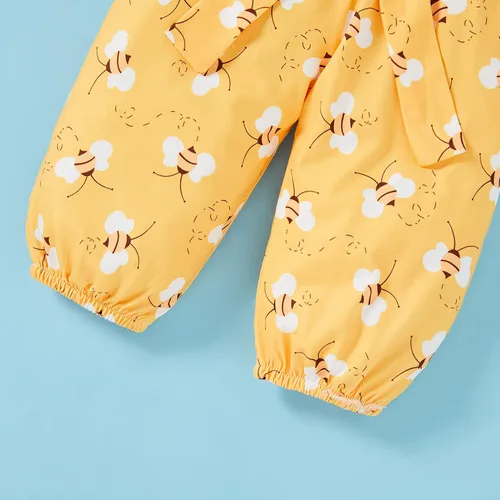 Vista 7 de Conjunto de ropa de abejorro con estampado de letras pantalones de miel y abejas con lazo diadema amarillo 2