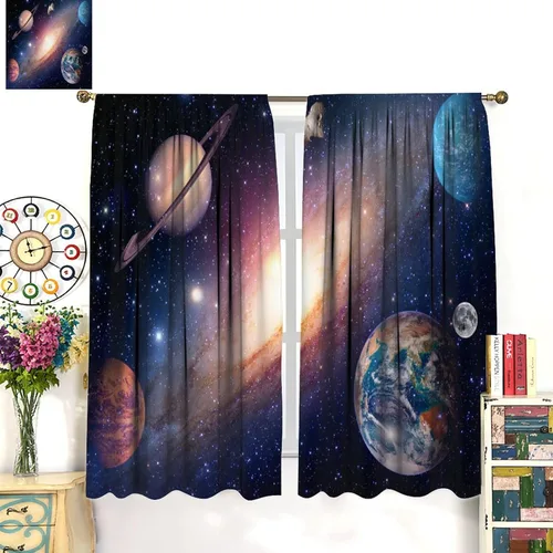 Vista 3 de Cortinas de planeta galaxia, espacio exterior, universo, nebulosa, estrellas, cielo estrellado, con bolsillo para cortinero, para sala de estar