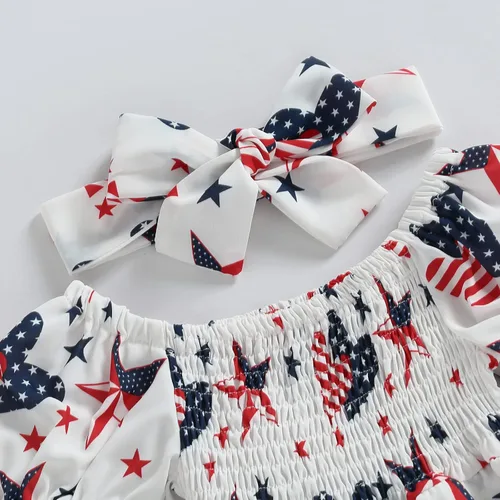 Vista 5 de KtwHarnu Traje de bebé niña del 4 de julio, traje de manga corta con diseño de bandera estadounidense, vestido fruncido, falda, ropa patriótica