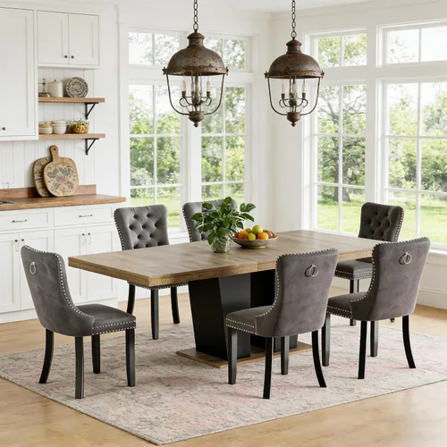 Vista 46 de Mesa de comedor extensible de 78.74 pulgadas para 6 8 y 10 pulgadas, moderna mesa de comedor extensible de granja con base de doble pedestal, mesa