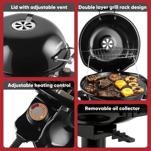 Vista 4 de Parrilla eléctrica, CUSIMAX - Parrilla eléctrica para interiores y exteriores de 1600W portátil con tapa para uso en interiores y exteriores, calor